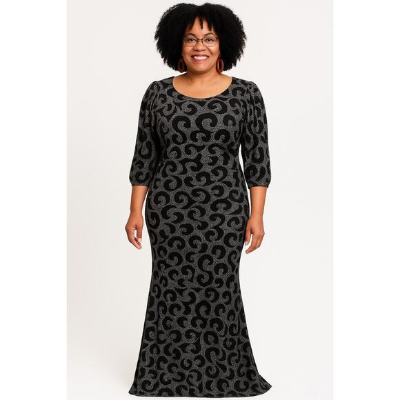 Goodtime Black & Silver Metallic Swirl Evening Gown – 1X Long Formal Dress - Picture 1 of 4